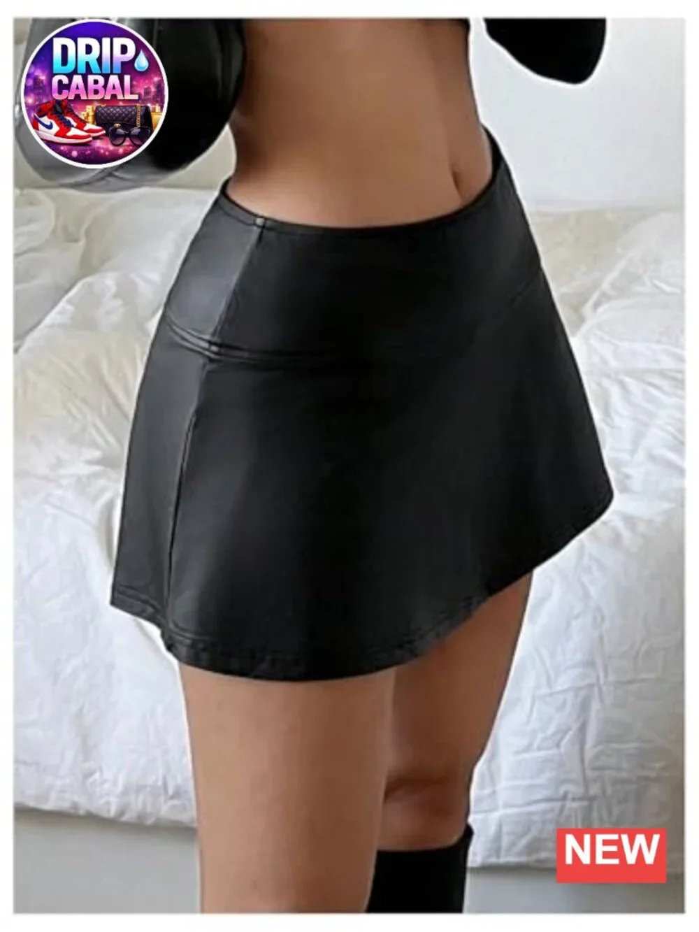 PU Leather High Waisted Side Slit Flared Mini Skorts Women's Pull On Skirt with